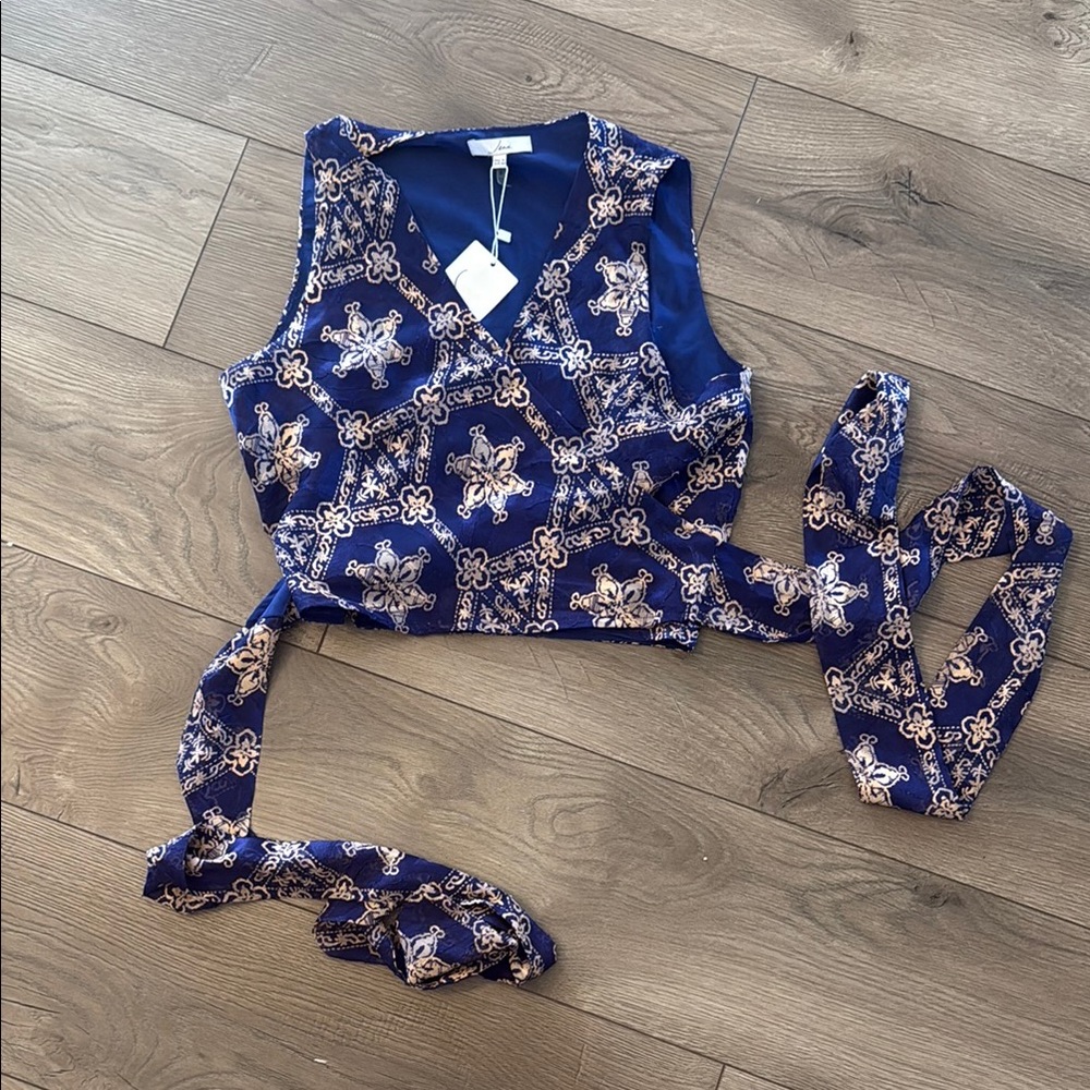 Navy Blue Patterned Wrap Crop Top with Tie NWT